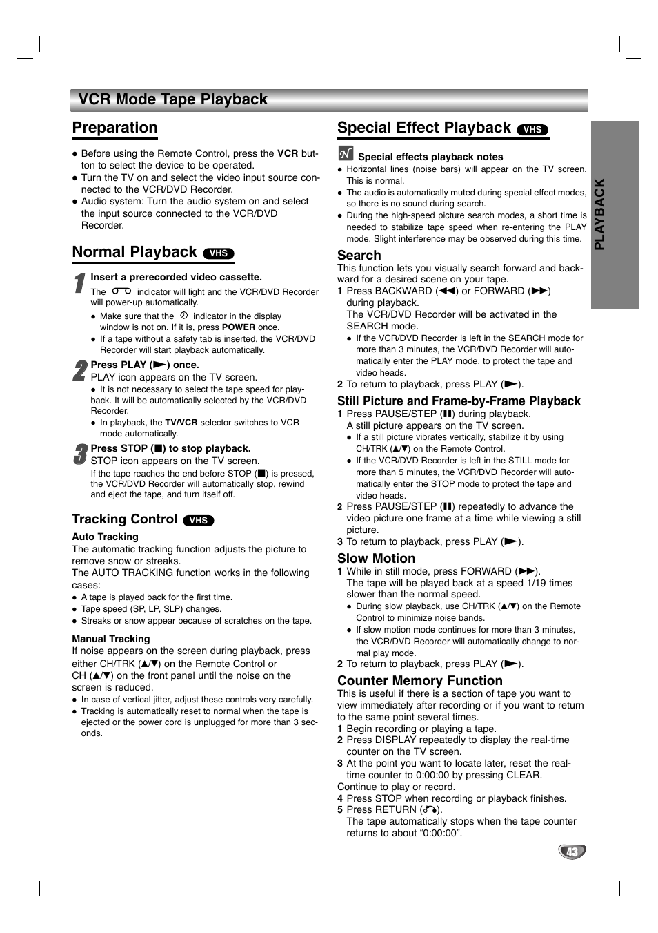 Vcr mode tape playback preparation, Normal playback, Special effect playback | LG LGXBR446 User Manual | Page 43 / 67