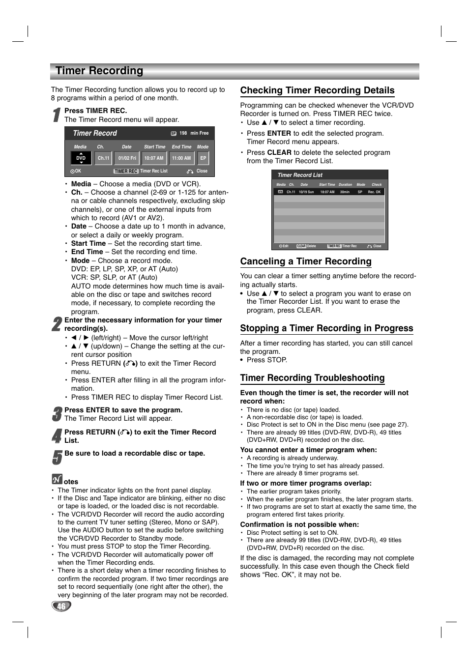 Timer recording, Checking timer recording details, Canceling a timer recording | Stopping a timer recording in progress, Timer recording troubleshooting | LG LGXBR446 User Manual | Page 46 / 67