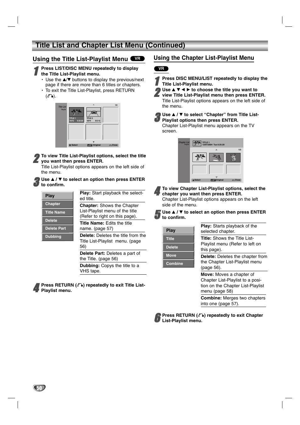 Title list and chapter list menu (continued) | LG LGXBR446 User Manual | Page 50 / 67