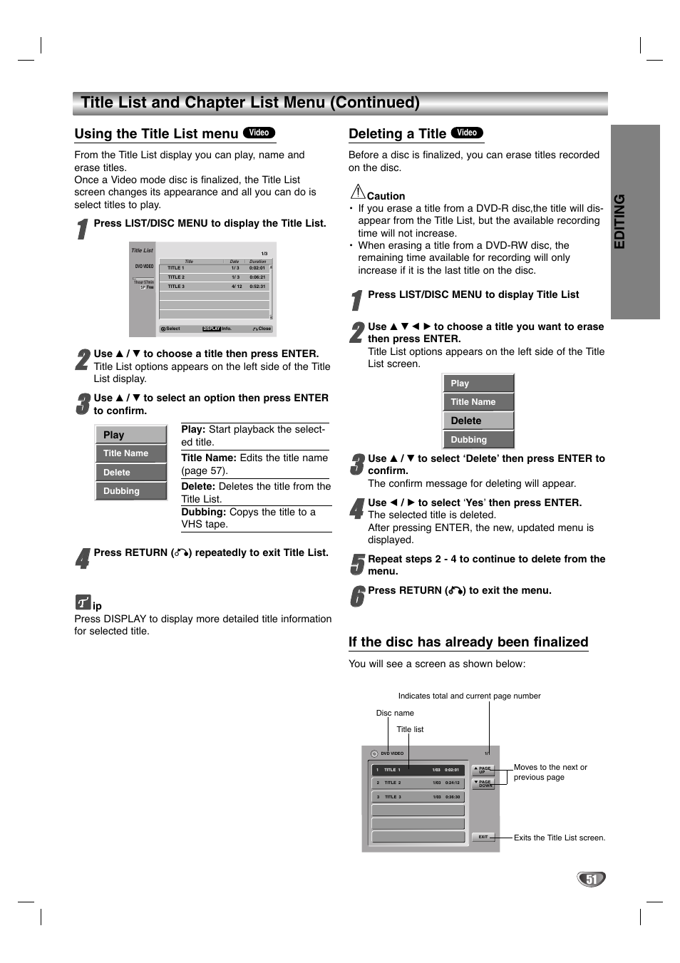 Title list and chapter list menu (continued), Using the title list menu, Deleting a title | If the disc has already been finalized, Editing | LG LGXBR446 User Manual | Page 51 / 67