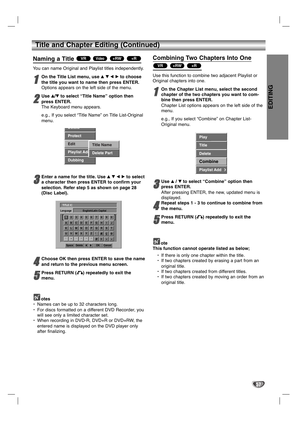 Title and chapter editing (continued), Editing, Naming a title | Combining two chapters into one | LG LGXBR446 User Manual | Page 57 / 67