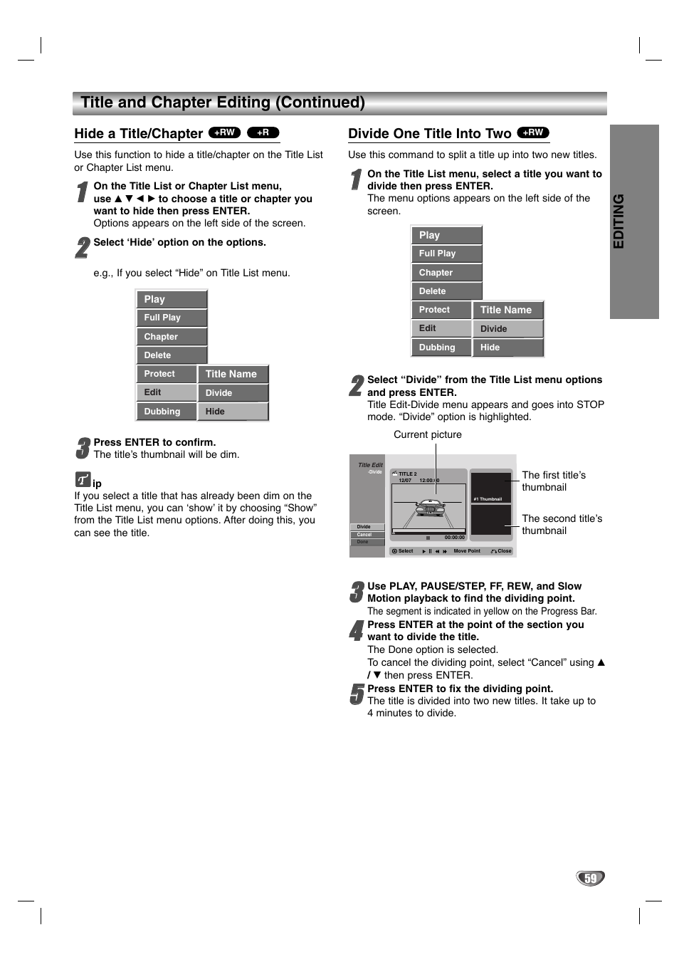Title and chapter editing (continued) | LG LGXBR446 User Manual | Page 59 / 67