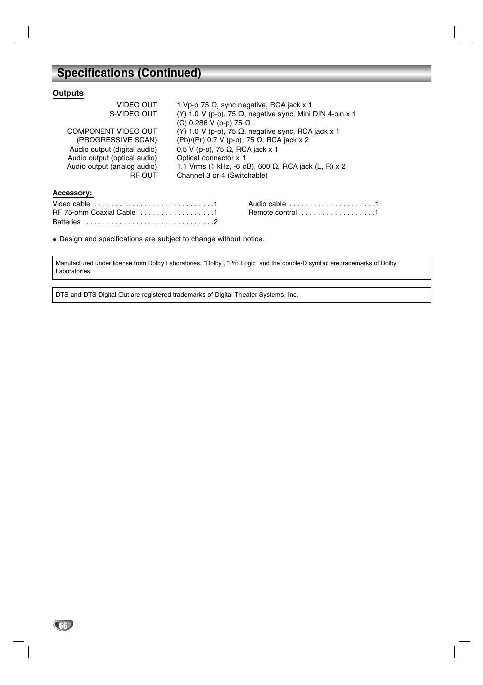 Specifications (continued) | LG LGXBR446 User Manual | Page 66 / 67