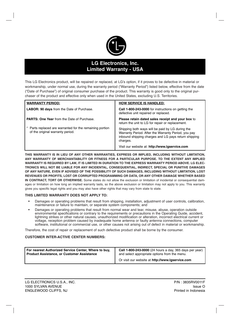 Lg electronics, inc. limited warranty - usa | LG LGXBR446 User Manual | Page 67 / 67