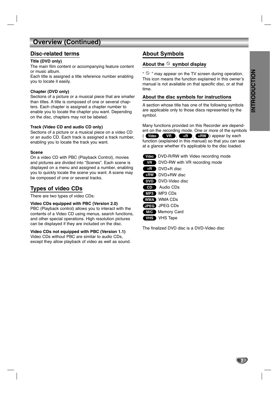 Overview (continued), Disc-related terms, Types of video cds | About symbols, Introduction | LG LGXBR446 User Manual | Page 7 / 67