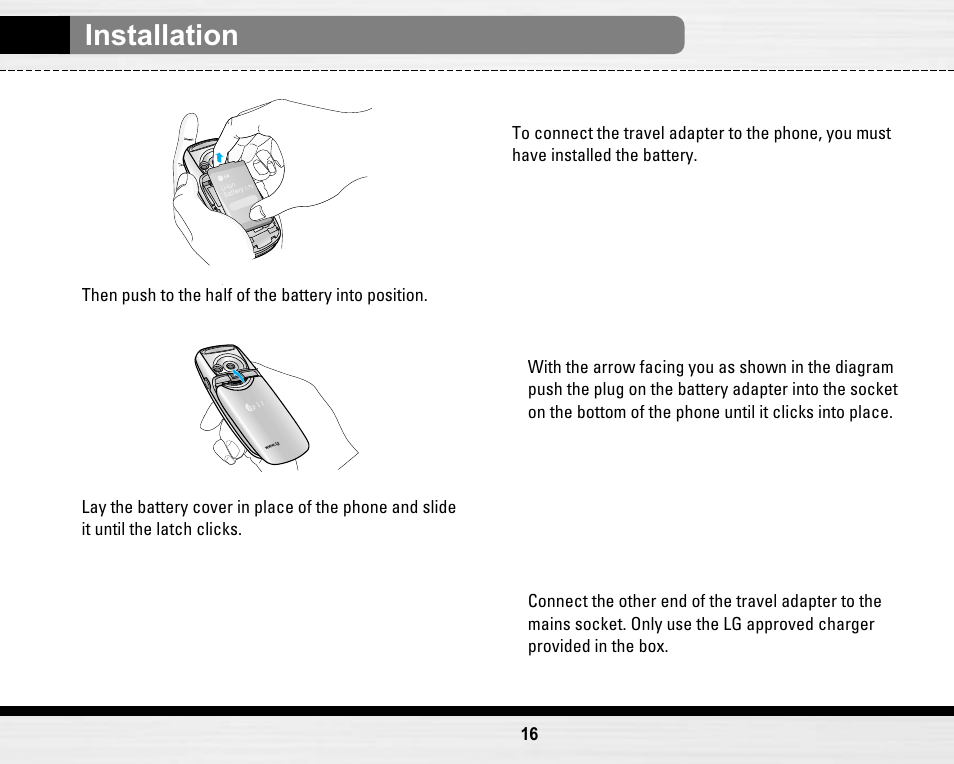 Installation, Charging the battery | LG LG B2150  EN User Manual | Page 16 / 76