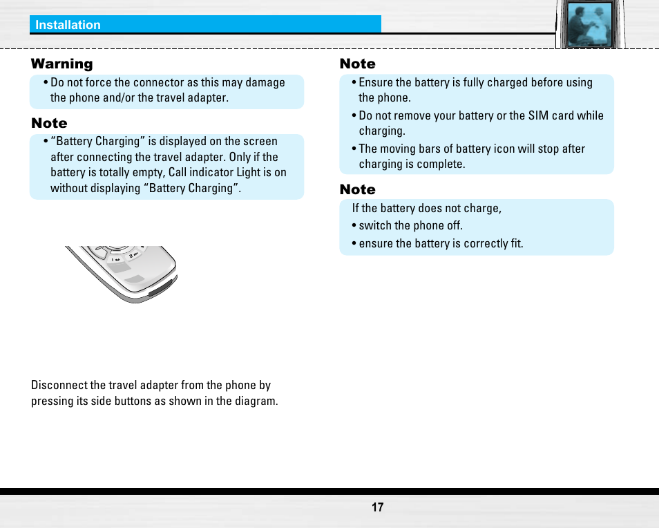 Disconnecting the charger | LG LG B2150  EN User Manual | Page 17 / 76