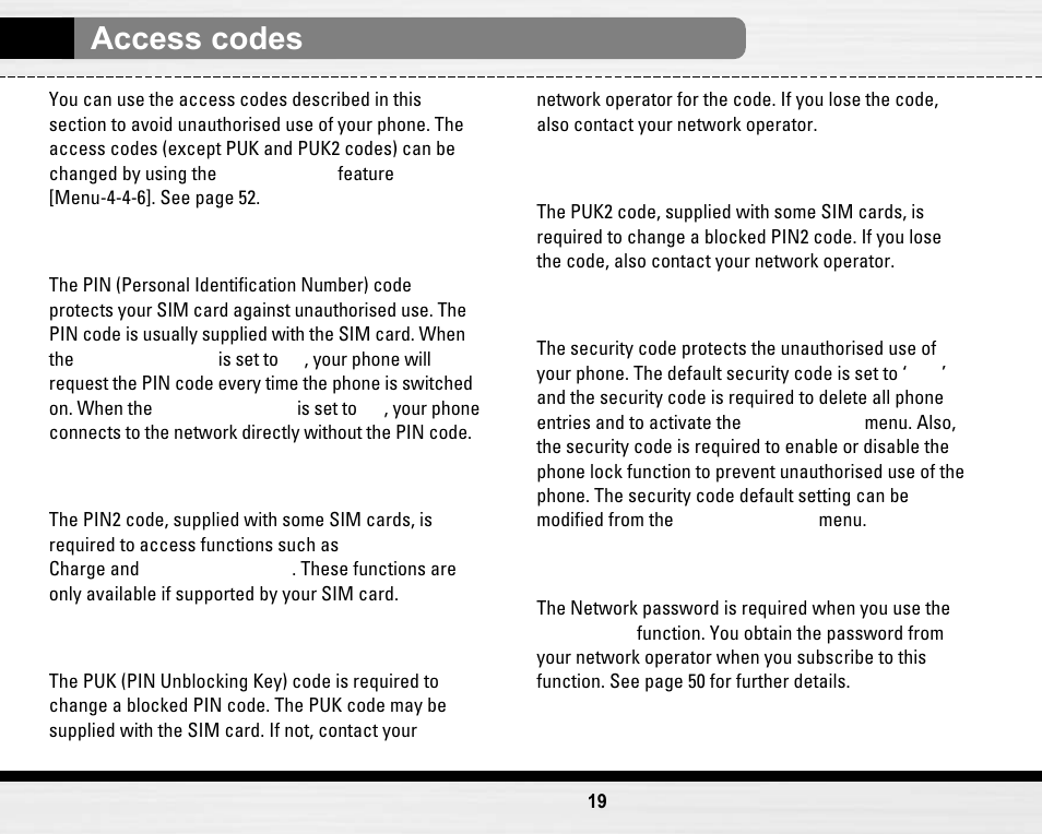 Access codes | LG LG B2150  EN User Manual | Page 19 / 76