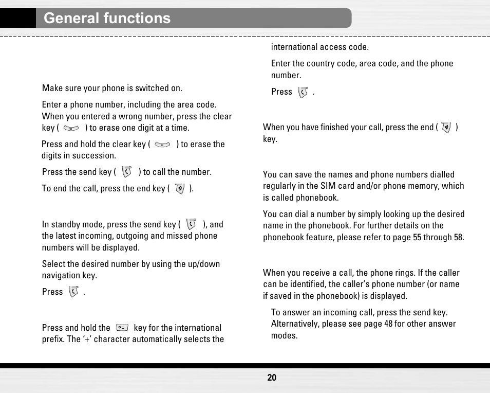 General functions, Making and answering calls | LG LG B2150  EN User Manual | Page 20 / 76