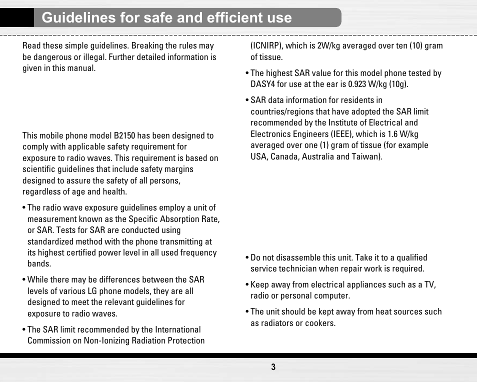 Guidelines for safe and efficient use, Exposure to radio frequency energy, Product care and maintenance | LG LG B2150  EN User Manual | Page 3 / 76