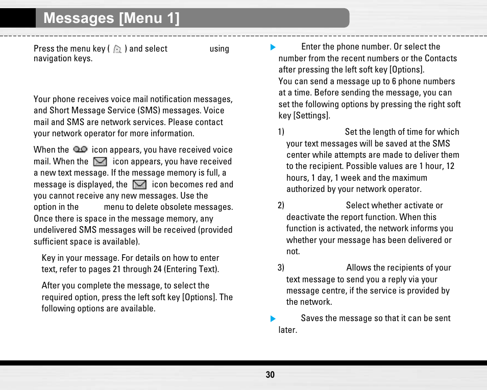 Messages [menu 1, Write text message [menu 1-1 | LG LG B2150  EN User Manual | Page 30 / 76