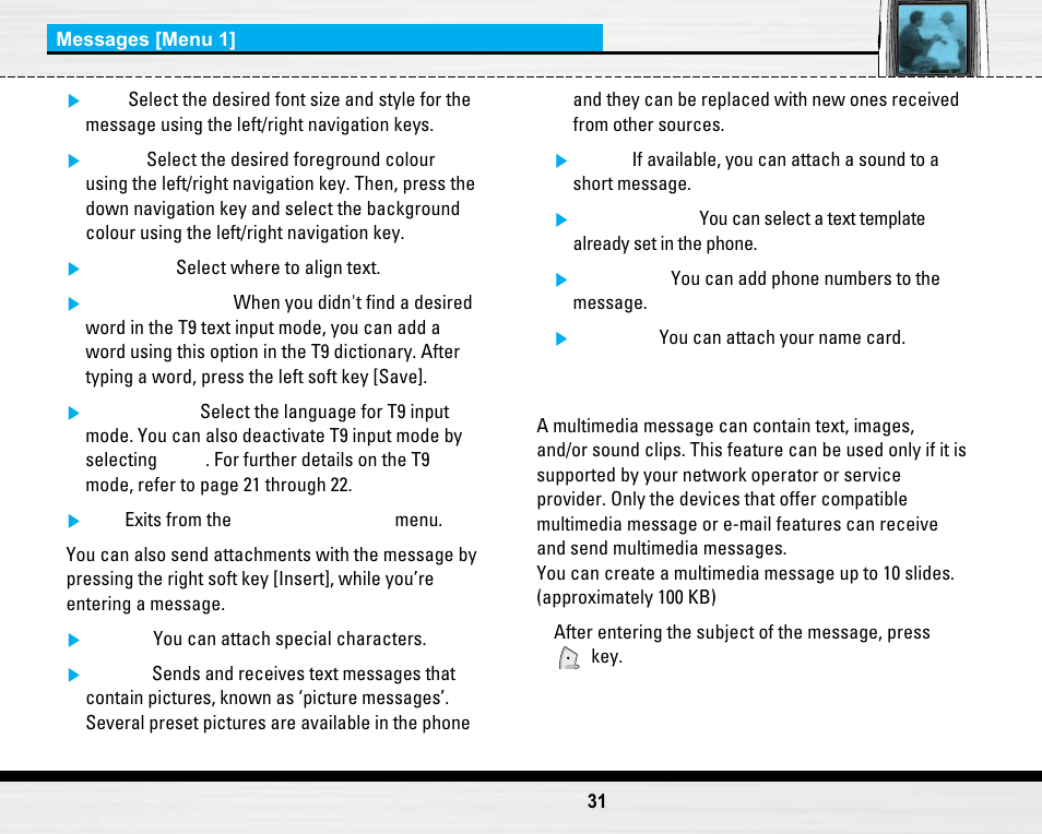 Write multimedia messages [menu 1-2 | LG LG B2150  EN User Manual | Page 31 / 76