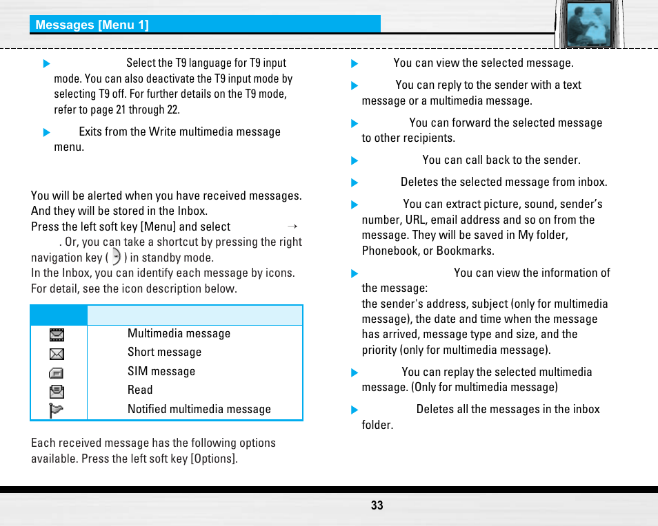 Inbox [menu 1-3 | LG LG B2150  EN User Manual | Page 33 / 76