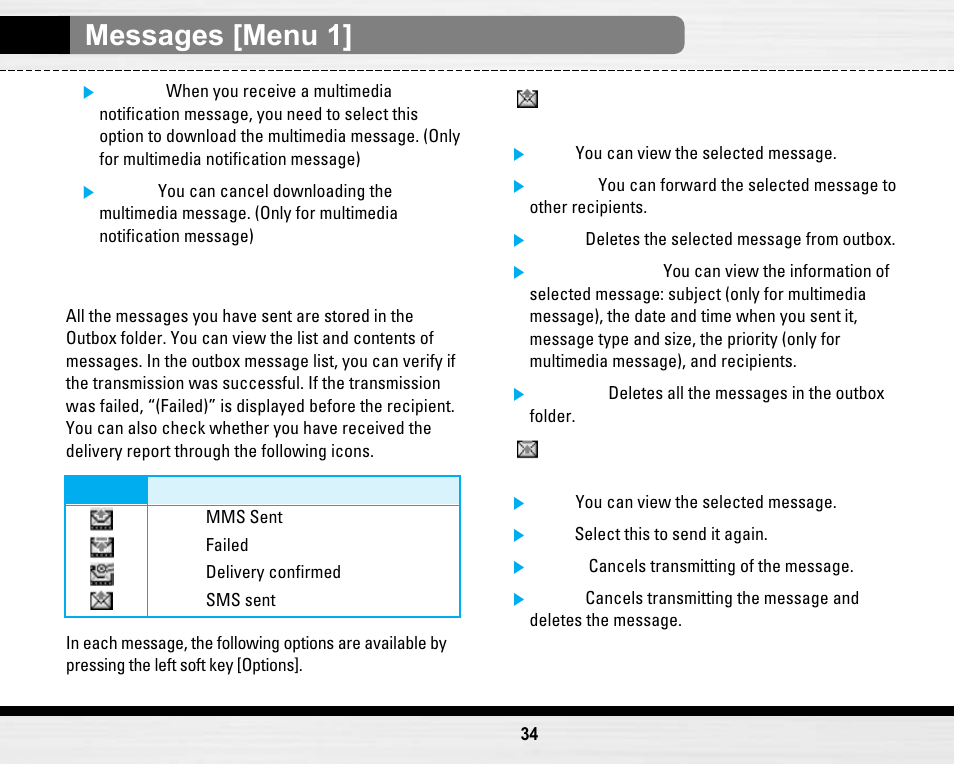 Messages [menu 1, Outbox [menu 1-4 | LG LG B2150  EN User Manual | Page 34 / 76