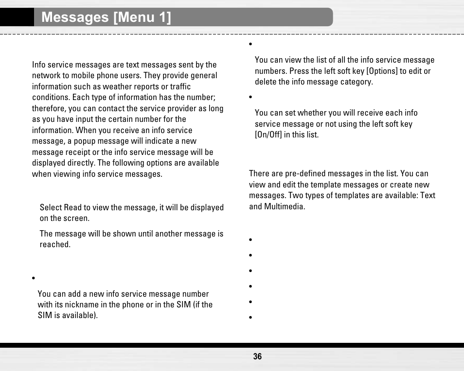 Messages [menu 1, Info message, Menu 1-7 | Templates [menu 1-8 | LG LG B2150  EN User Manual | Page 36 / 76