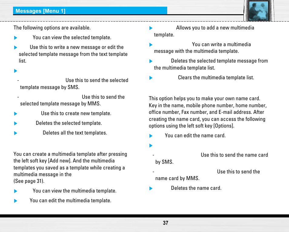 Multimedia templates [menu 1-8-2, Signature [menu 1-8-3 | LG LG B2150  EN User Manual | Page 37 / 76
