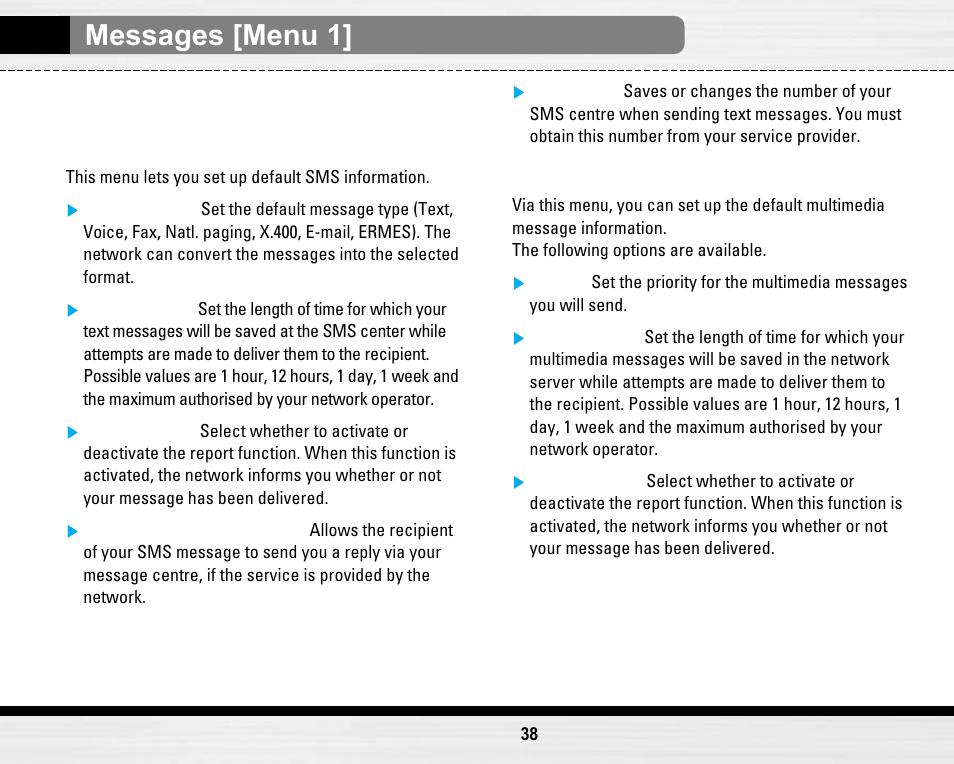 Messages [menu 1, Settings [menu 1-9 | LG LG B2150  EN User Manual | Page 38 / 76