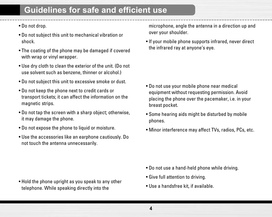 Guidelines for safe and efficient use, Efficient phone operation, Electronic devices | Road safety | LG LG B2150  EN User Manual | Page 4 / 76