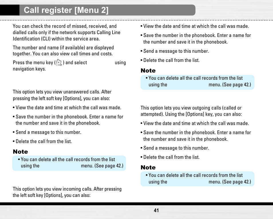Call register [menu 2, Missed calls [menu 2-1, Received calls [menu 2-2 | Dialled calls [menu 2-3 | LG LG B2150  EN User Manual | Page 41 / 76