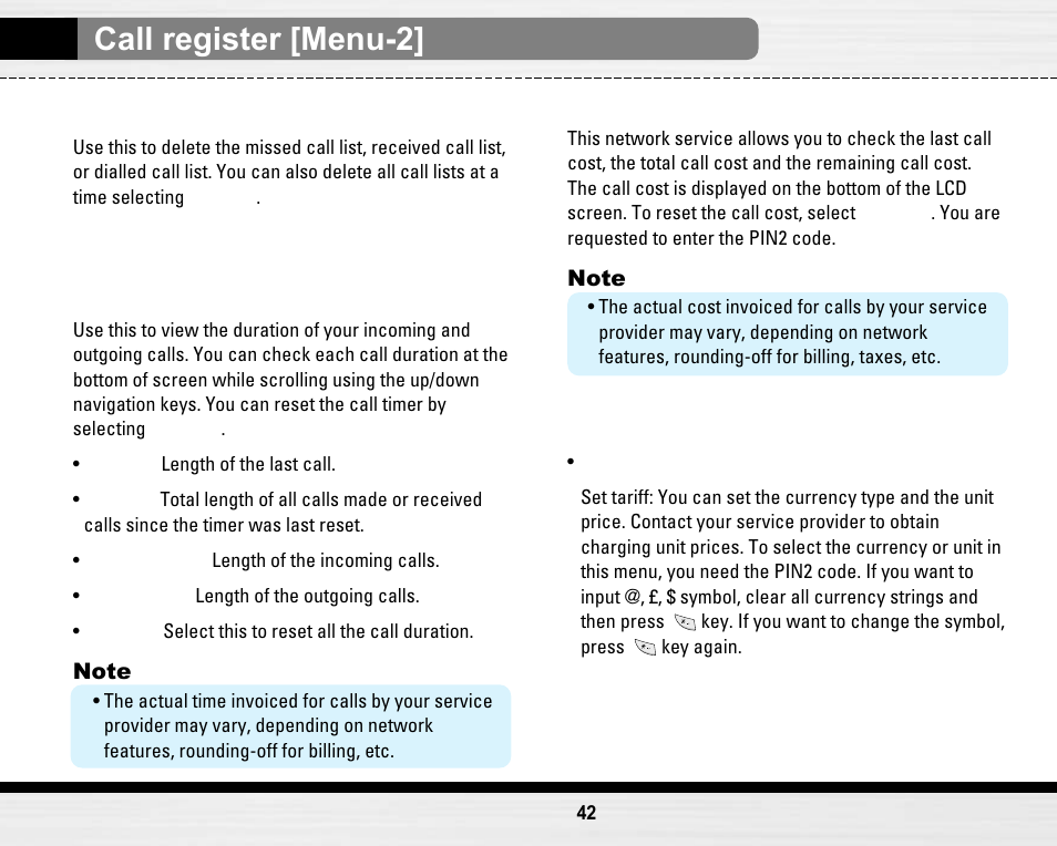 Call register [menu-2, Delete recent calls [menu 2-4, Call charges [menu 2-5 | LG LG B2150  EN User Manual | Page 42 / 76