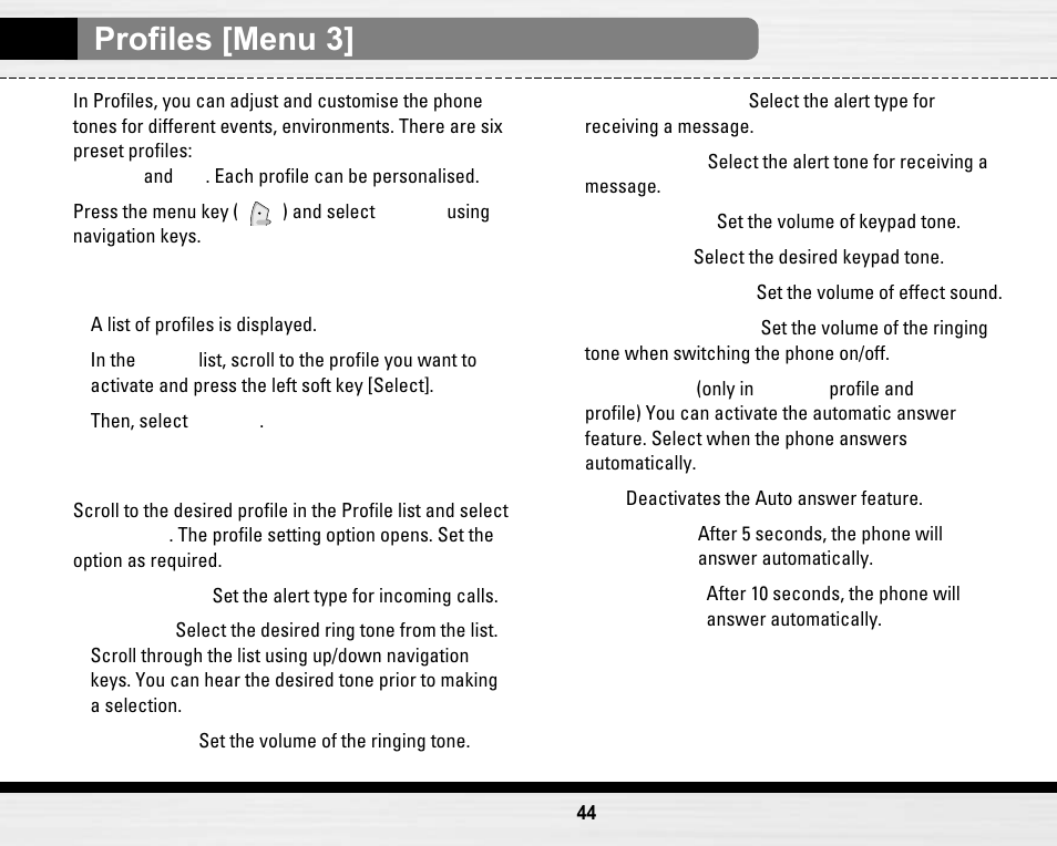 Profiles [menu 3, Changing the profile, Customising profiles | LG LG B2150  EN User Manual | Page 44 / 76