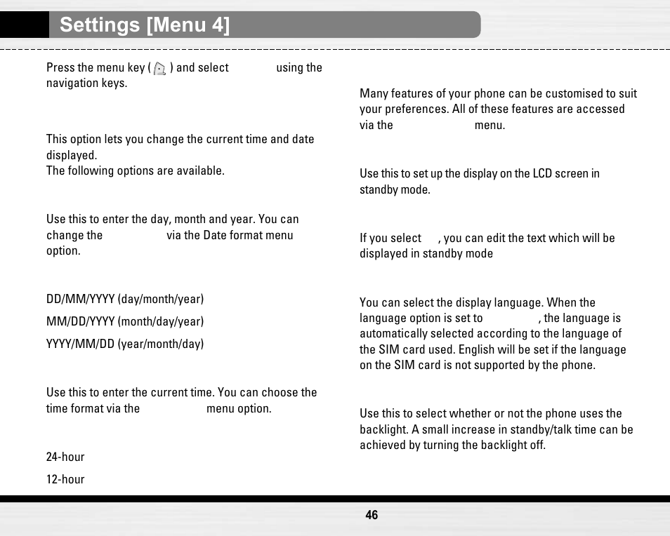 Settings [menu 4, Date & time [menu 4-1, Phone settings [menu 4-2 | LG LG B2150  EN User Manual | Page 46 / 76