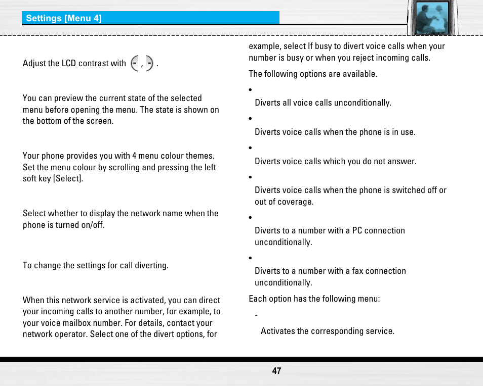 Call settings [menu 4-3 | LG LG B2150  EN User Manual | Page 47 / 76