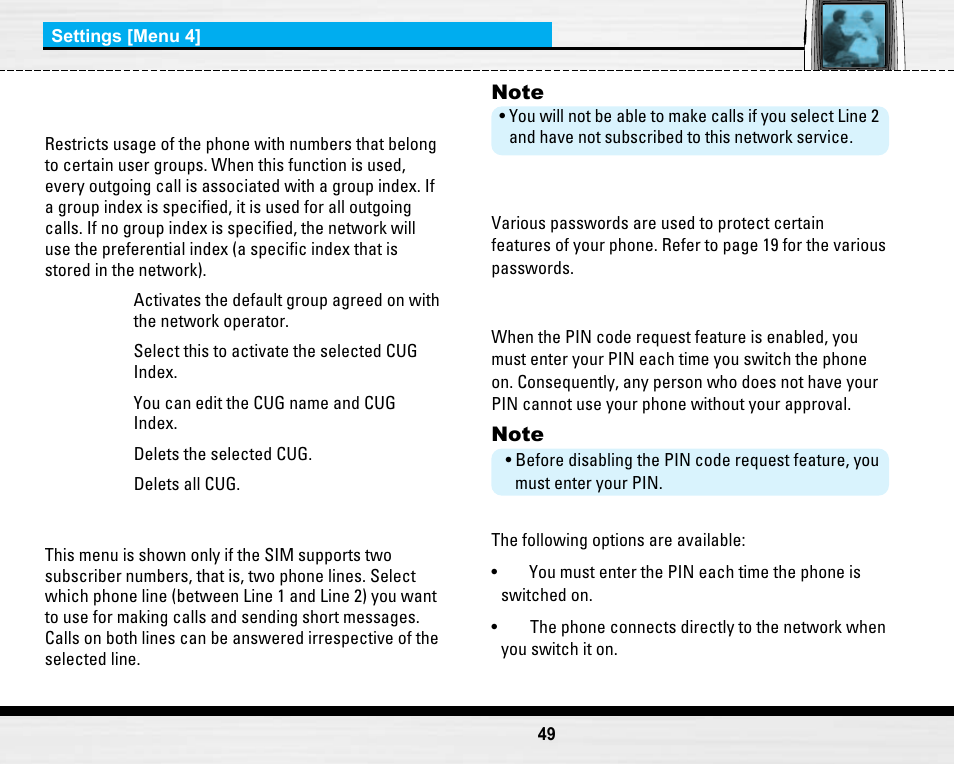 Security settings [menu 4-4 | LG LG B2150  EN User Manual | Page 49 / 76