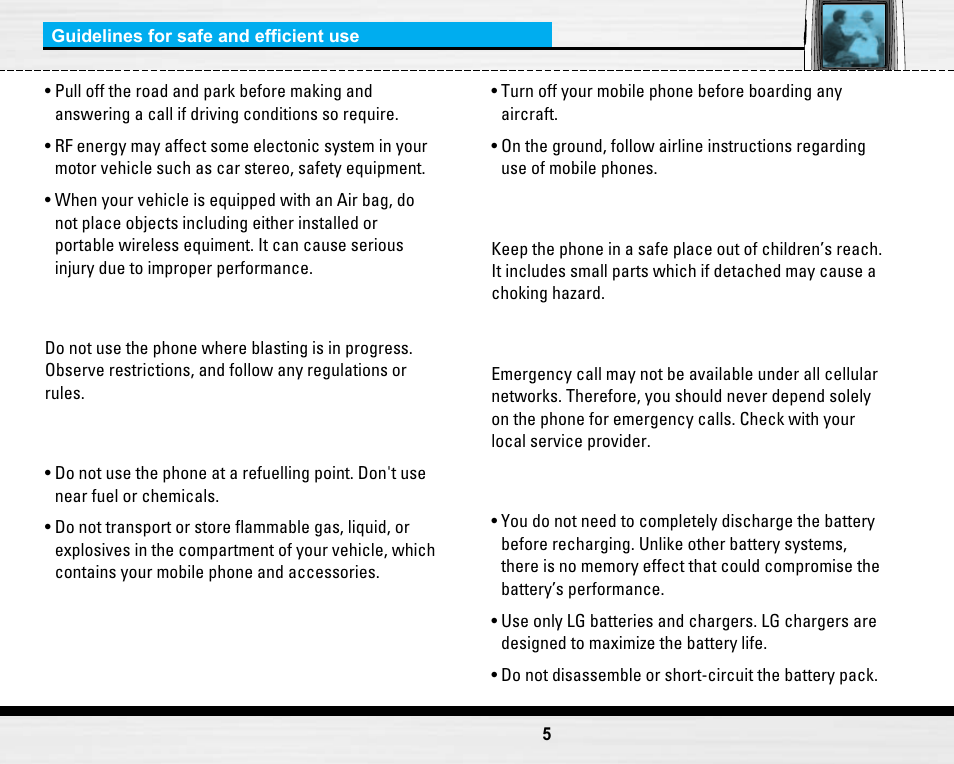 Blasting area, Potentially explosive atmospheres, Children | Emergency calls, Battery information and care | LG LG B2150  EN User Manual | Page 5 / 76