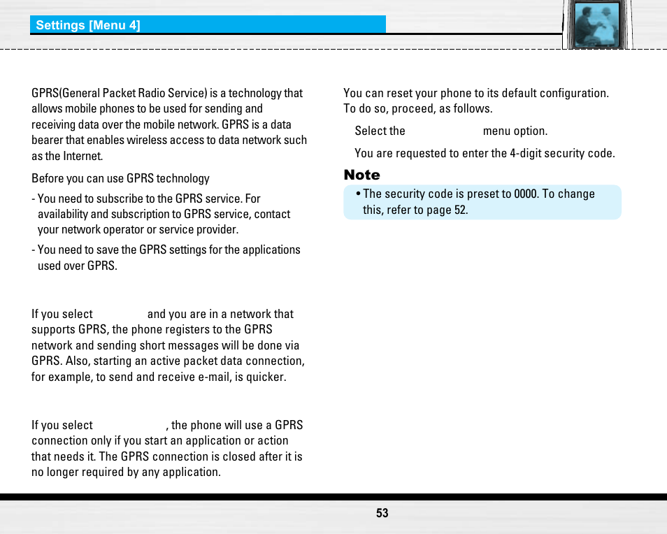 Gprs setting [menu 4-6, Reset settings [menu 4-7 | LG LG B2150  EN User Manual | Page 53 / 76