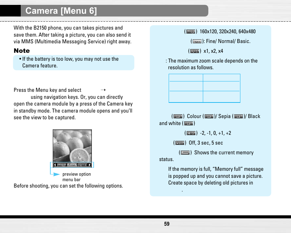 Camera [menu 6, Take picture [menu 6-1 | LG LG B2150  EN User Manual | Page 59 / 76