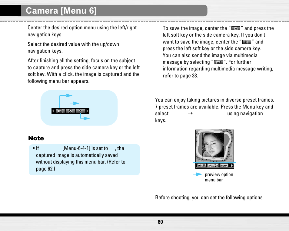 Camera [menu 6, Take in modes [menu 6-2 | LG LG B2150  EN User Manual | Page 60 / 76