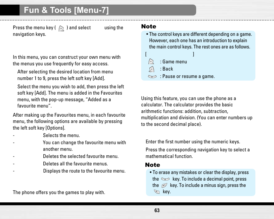 Fun & tools [menu-7, Favourites [menu 7-1, Games [menu-7-2 | Calculator [menu 7-3 | LG LG B2150  EN User Manual | Page 63 / 76