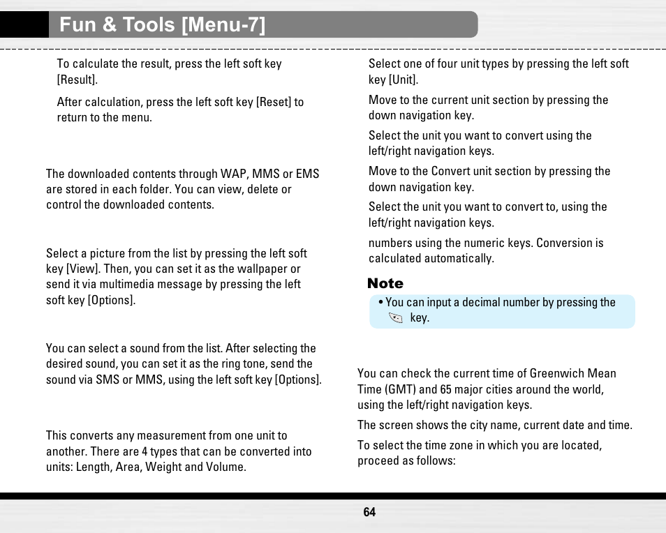 Fun & tools [menu-7, My folder [menu 7-4, Unit converter [menu 7-5 | World time [menu 7-6 | LG LG B2150  EN User Manual | Page 64 / 76