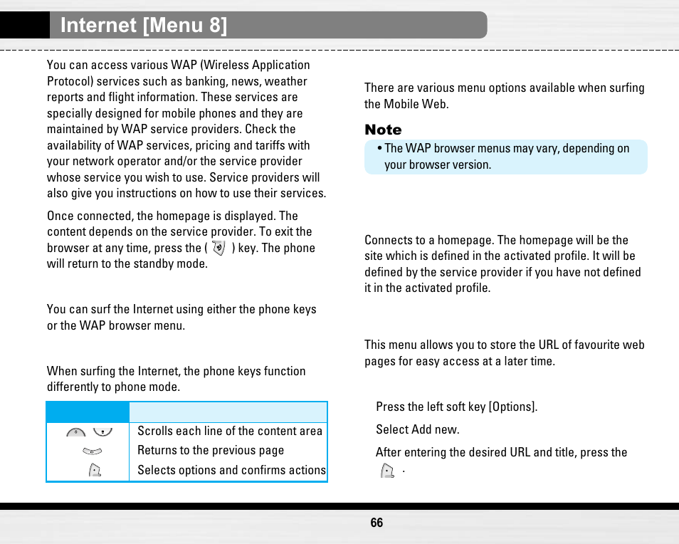 Internet [menu 8, Home [menu 8-1, Bookmarks [menu 8-2 | LG LG B2150  EN User Manual | Page 66 / 76