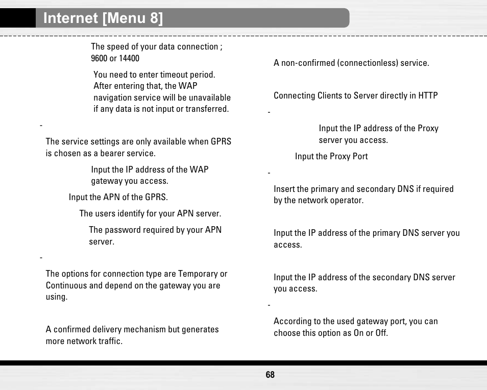 Internet [menu 8 | LG LG B2150  EN User Manual | Page 68 / 76