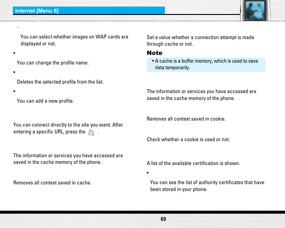 Go to url [menu 8-4, Cache settings [menu 8-5, Cookies settings [menu 8-6 | Security certification [menu 8-7 | LG LG B2150  EN User Manual | Page 69 / 76