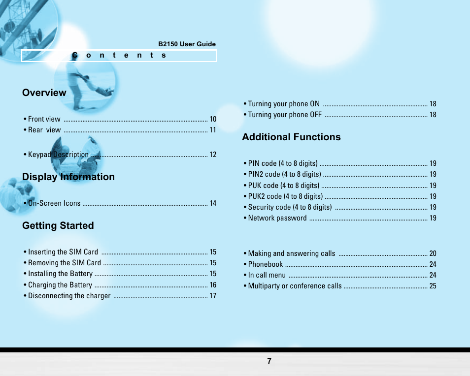 Overview, Display information, Getting started | Additional functions | LG LG B2150  EN User Manual | Page 7 / 76