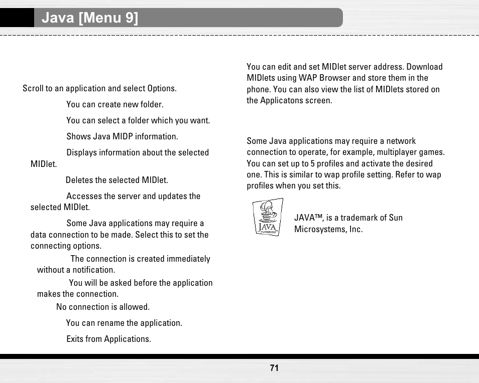 Java [menu 9, Applications [menu 9-1, Download [menu 9-2 | Profiles [menu 9-3 | LG LG B2150  EN User Manual | Page 71 / 76