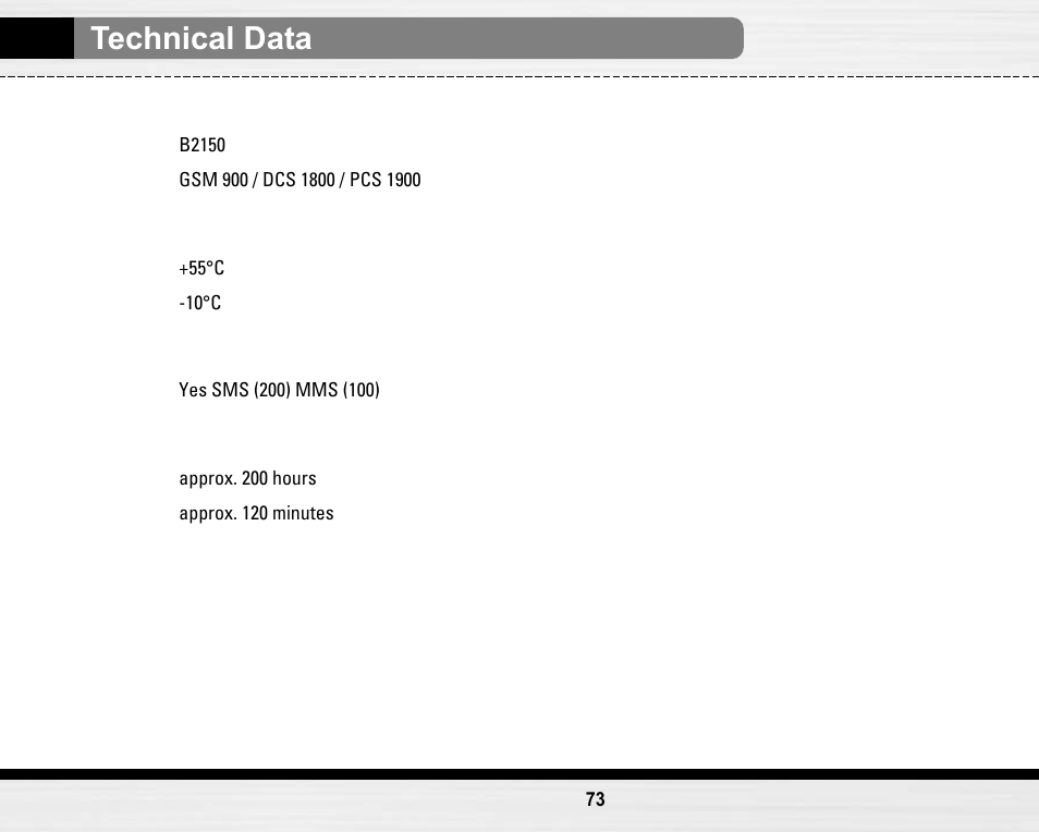 Technical data | LG LG B2150  EN User Manual | Page 73 / 76
