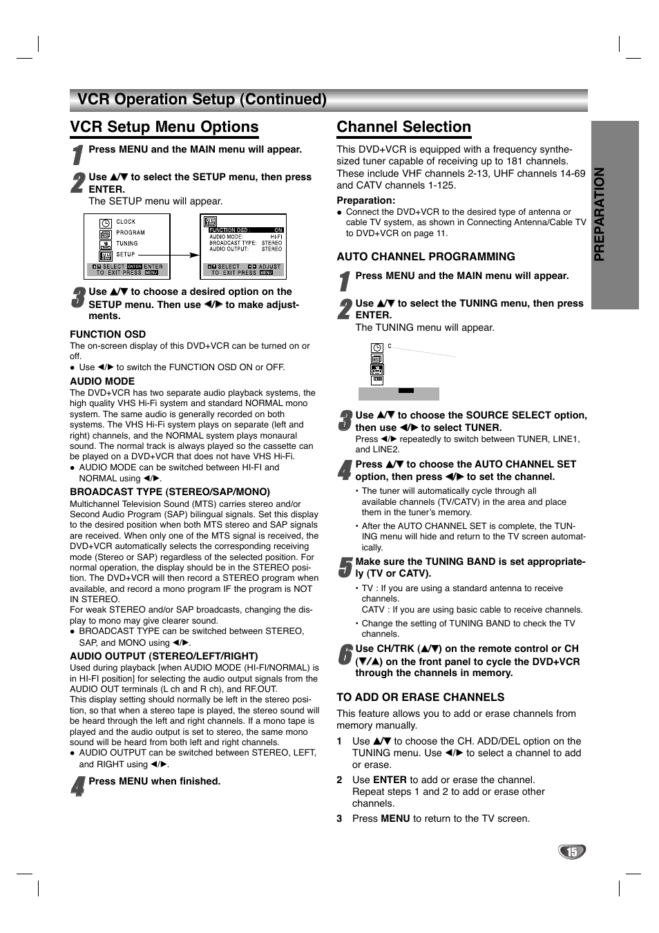 Vcr setup menu options, Channel selection, Vcr operation setup (continued) | Zenith XBV 442 User Manual | Page 15 / 40