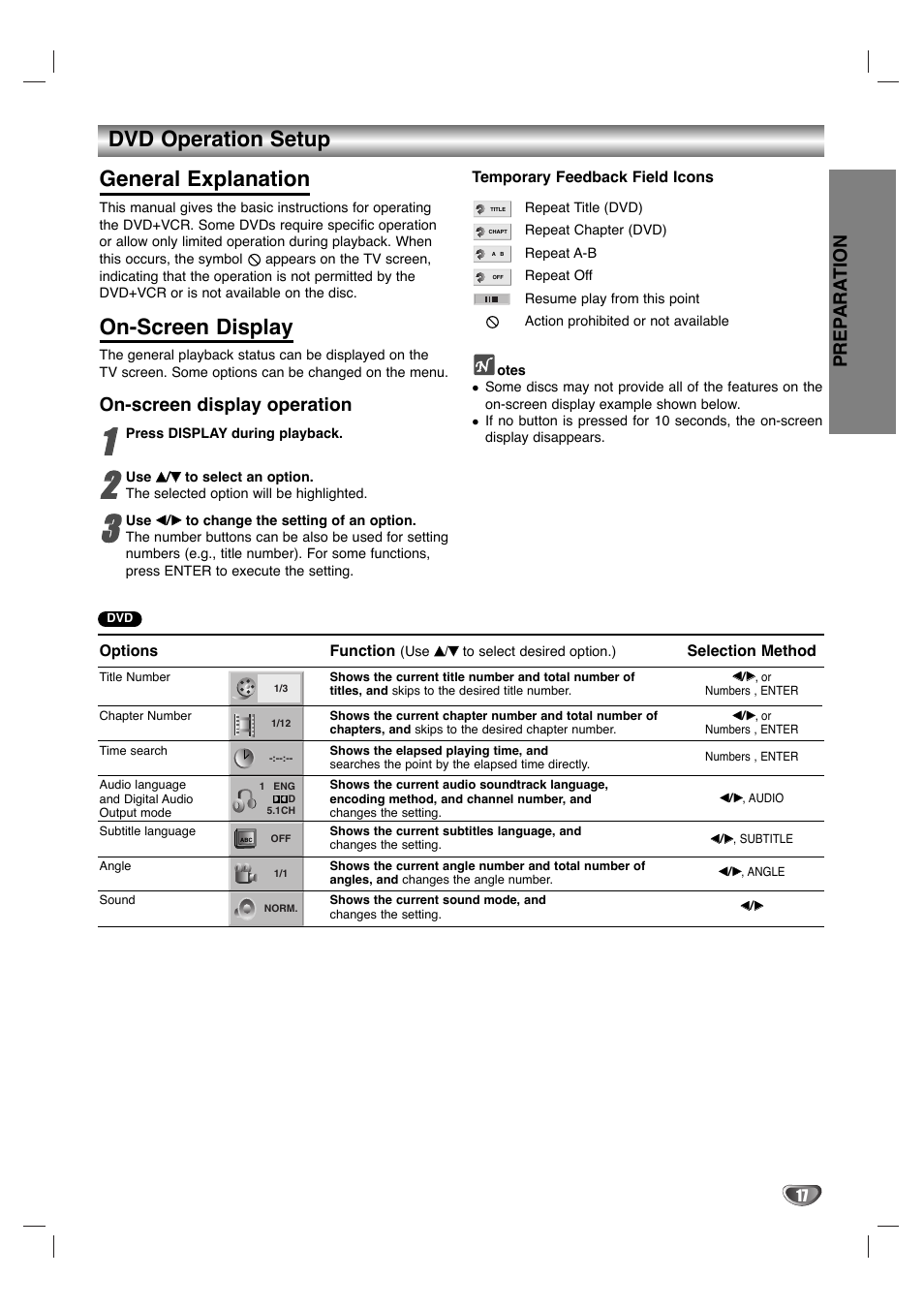 Dvd operation setup general explanation, On-screen display, Prep ara tion | On-screen display operation | Zenith XBV 442 User Manual | Page 17 / 40