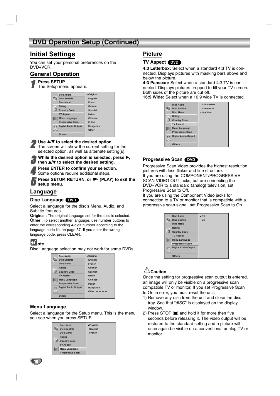 Dvd operation setup (continued) initial settings, General operation, Language | Picture, Disc language, Menu language, Tv aspect, Progressive scan | Zenith XBV 442 User Manual | Page 18 / 40