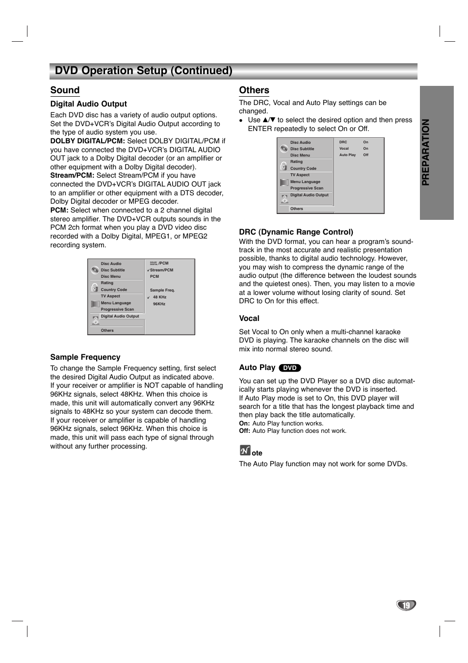 Dvd operation setup (continued), Prep ara tion, Sound | Others, Digital audio output, Sample frequency, Drc (dynamic range control), Vocal, Auto play | Zenith XBV 442 User Manual | Page 19 / 40