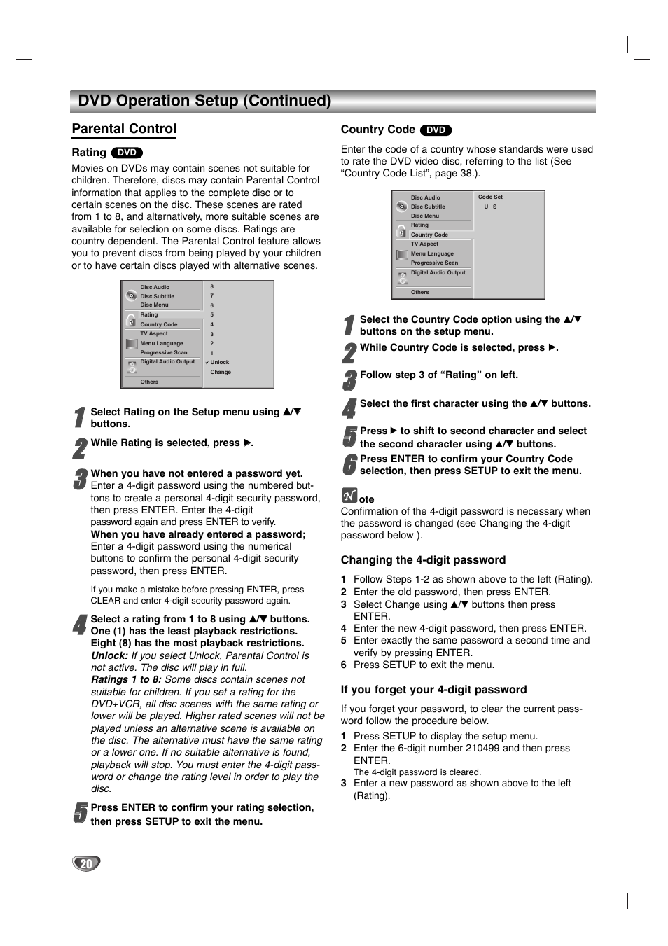 Dvd operation setup (continued), Parental control | Zenith XBV 442 User Manual | Page 20 / 40