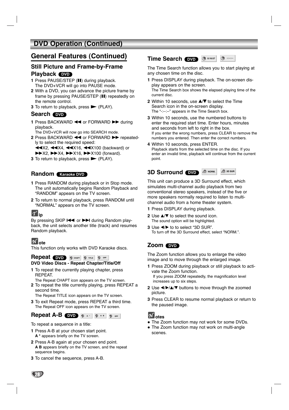 Still picture and frame-by-frame playback, Search, Random | Repeat, Repeat a-b, Time search, 3d surround, Zoom | Zenith XBV 442 User Manual | Page 28 / 40