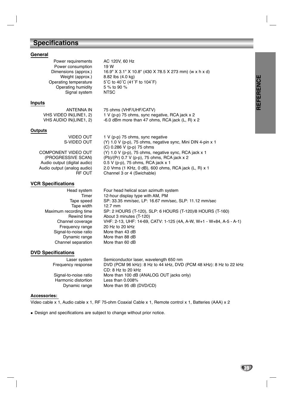 Specifications, Reference | Zenith XBV 442 User Manual | Page 39 / 40