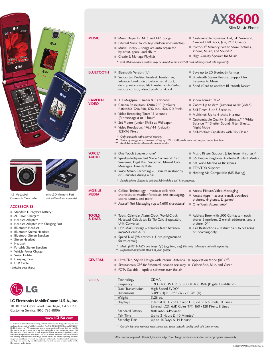 Ax 8600, Slim music phone | LG AX8600 User Manual | Page 2 / 2