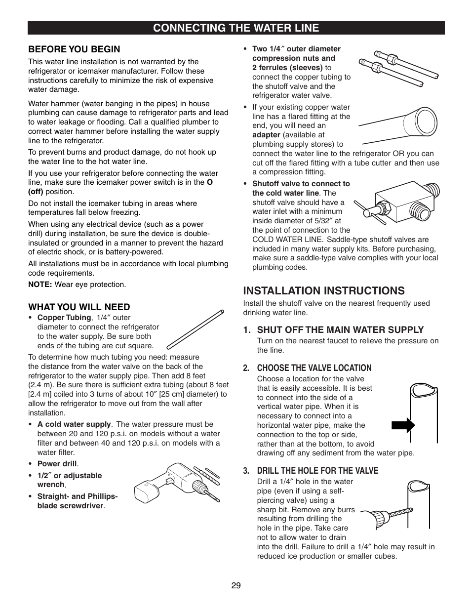 Installation instructions, Connecting the water line | LG LFD21860 User Manual | Page 29 / 36