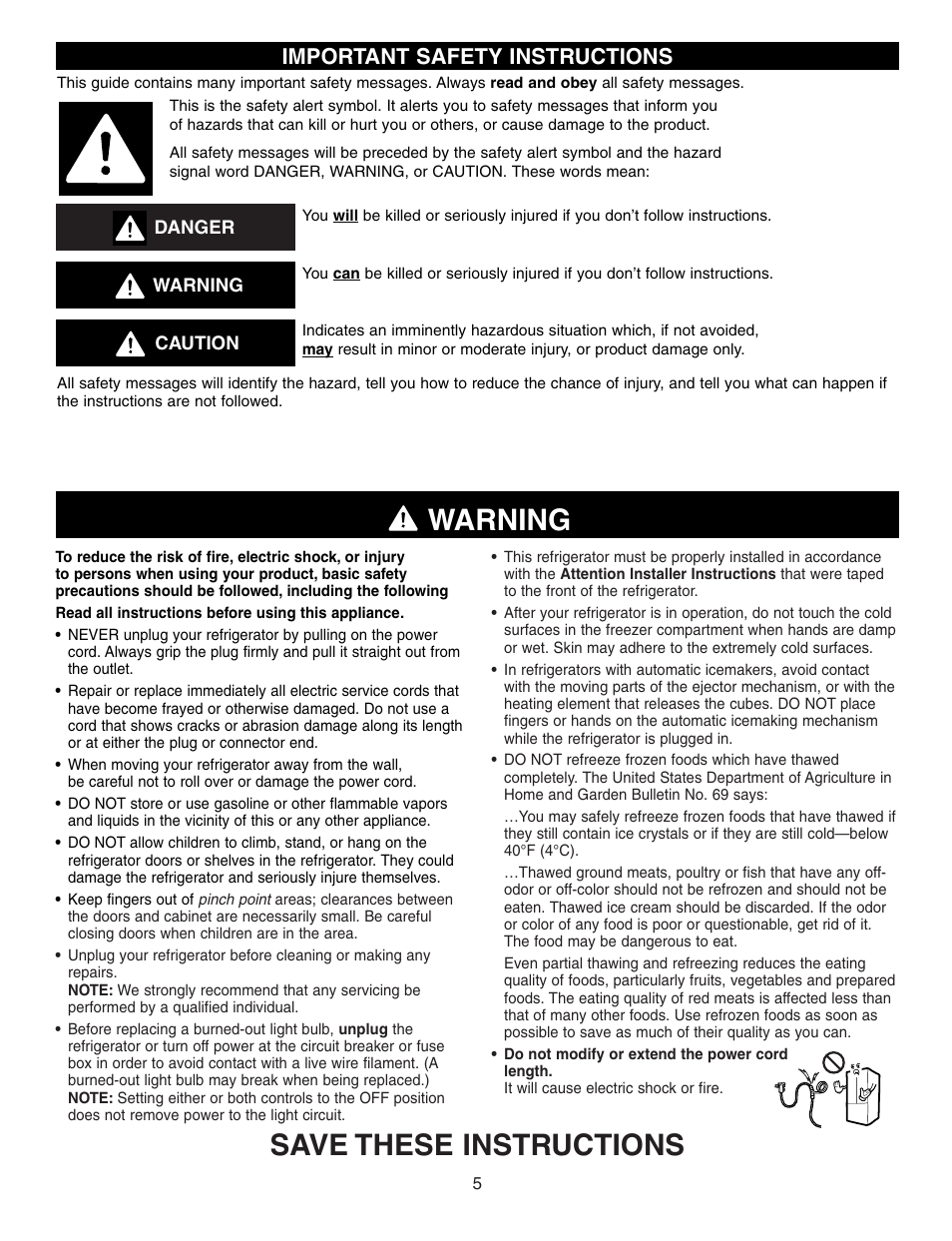 Warning, Save these instructions, Important safety instructions | LG LFD21860 User Manual | Page 5 / 36